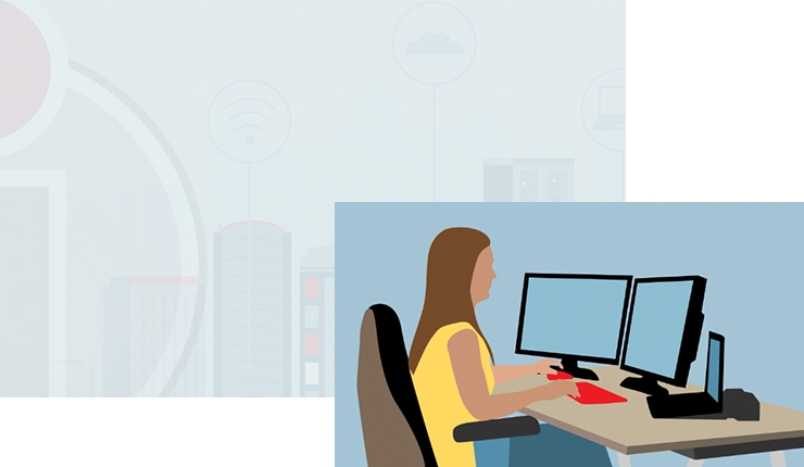 person at desk viewing two monitor screens